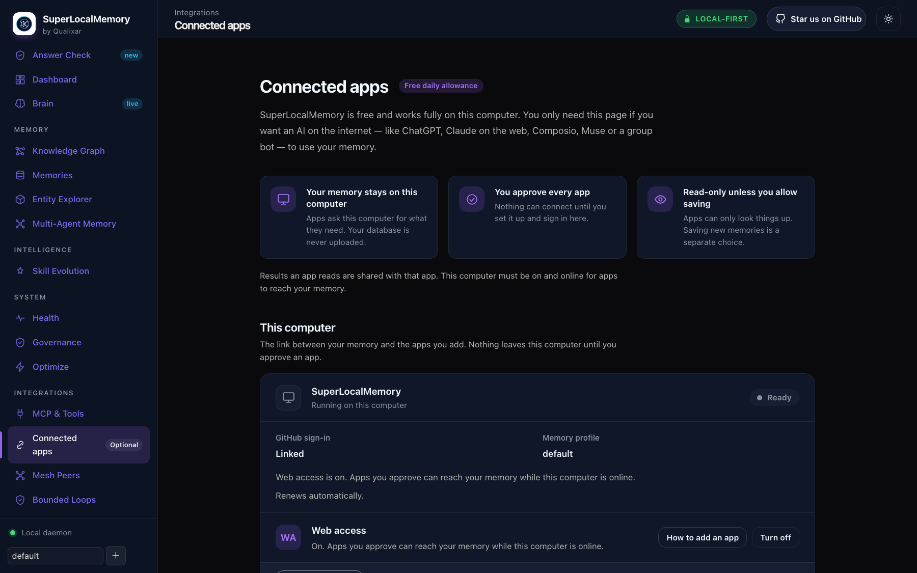 Connected apps: Web access is on, linked with GitHub for the default profile, renews automatically, with a free daily allowance and a button to add an app or turn access off.