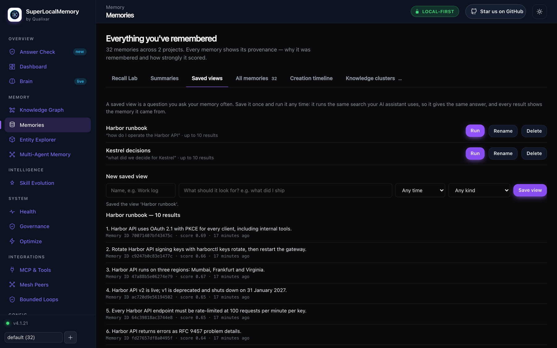 Saved views: A saved question that runs the same search your agent uses and shows the memory each result came from.